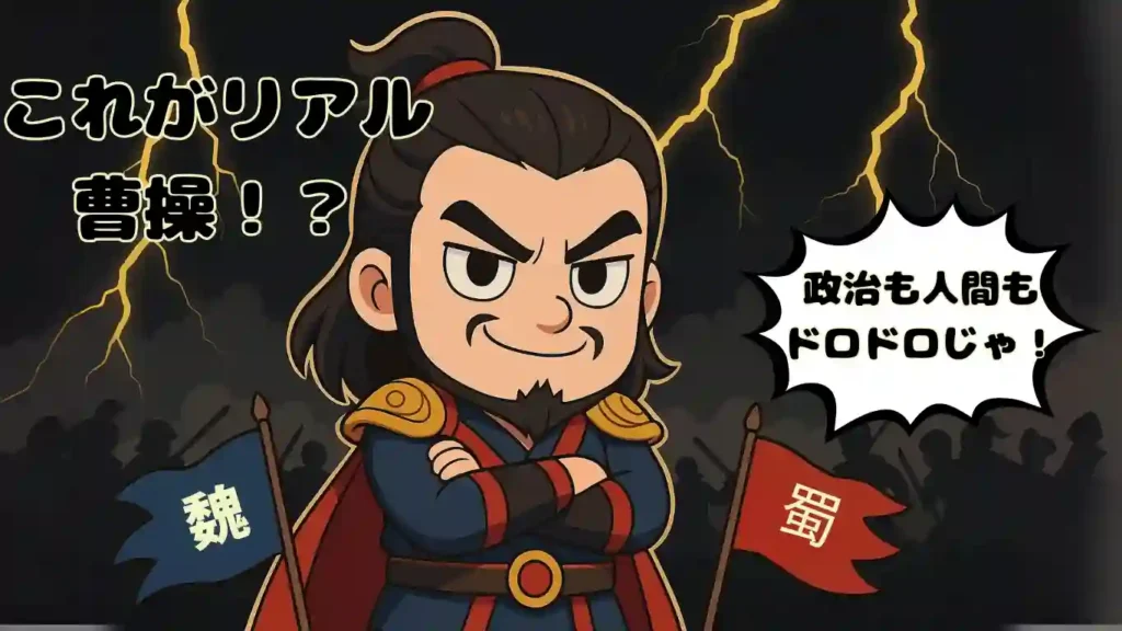 『興亡三国志』(三好徹)に登場する曹操をイメージして描いたちびキャラのイラスト。これがリアル曹操!?、政治も人間もドロドロじゃ!のテキスト