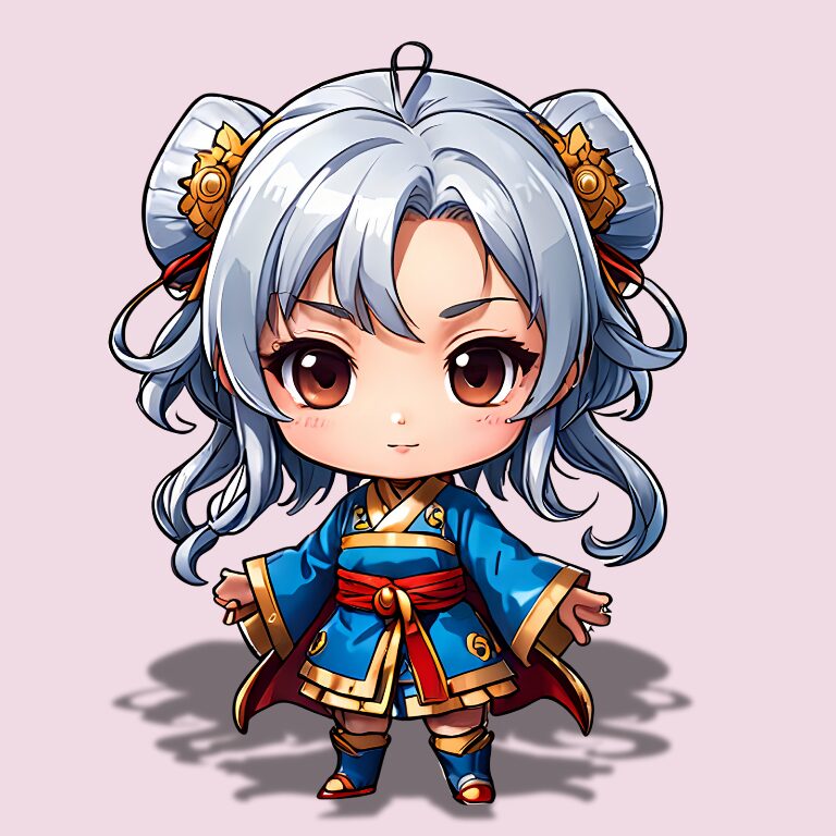 三国志のヒロイン、ちびキャラで張春華ピンク背景