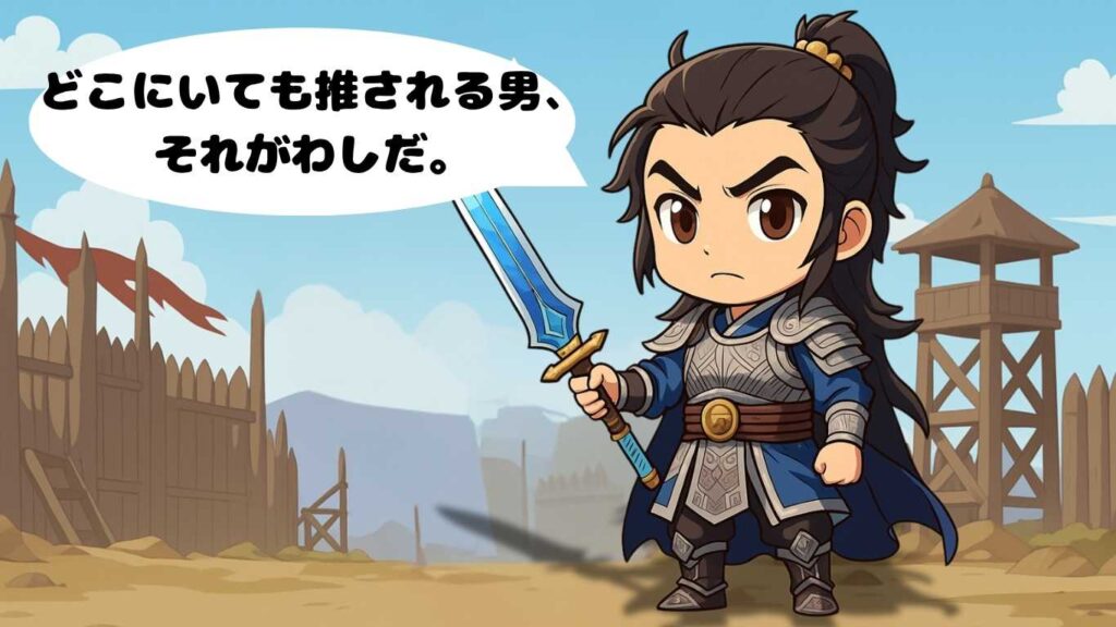 槍を持ち、戦場を背に凛々しく立つちびキャラ化された趙雲のイラスト