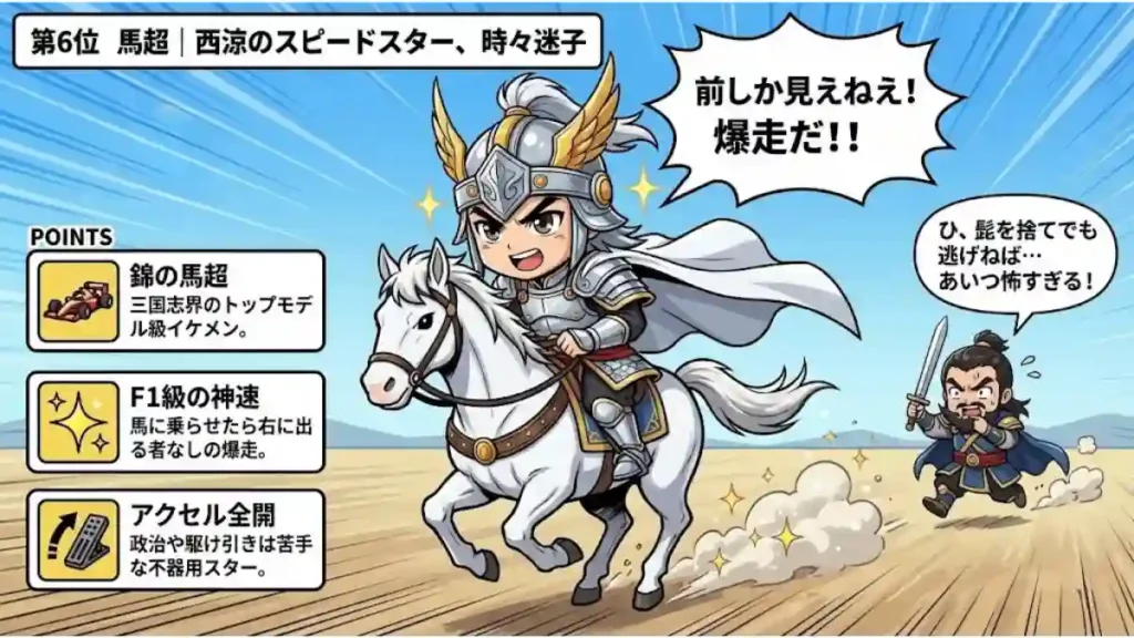三国志の馬超を「西涼のスピードスター」として紹介する漫画風インフォグラフィック。白馬で爆走する馬超と、髭を切り逃げる曹操をちびキャラで描き、第6位の順位や「錦の馬超」等の解説ポイント、スピード感ある効果線やアイコンを配置した2Dアニメ調の画像。