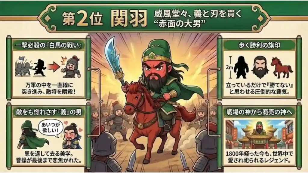 三国志の武将、関羽を紹介するインフォグラフィック。赤兎馬に乗り青龍刀を構える関羽のちびキャラが中央に描かれ、「第2位 関羽」のタイトルが掲げられている。周囲のパネルでは、白馬の戦いでの武勇、圧倒的な存在感、敵将曹操をも魅了した義理堅さ、そして現在では商売の神として祀られていることが、親しみやすいイラストと共に解説されている。