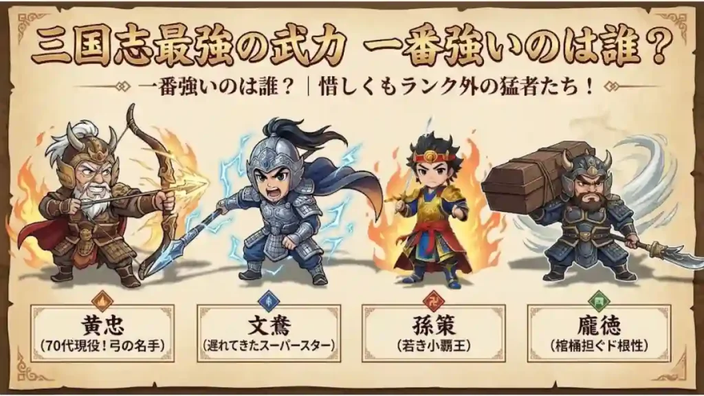 三国志最強の武力ランキング番外編。左から弓を引く黄忠、雷を纏う文鴦、若き小覇王・孫策、棺桶を担ぐ龐徳の4名が、温かみのあるアニメ調のちびキャラで並んでいます。それぞれの特徴が紹介された「惜しくもランク外の猛者たち」を解説するブログ用インフォグラフィックです。