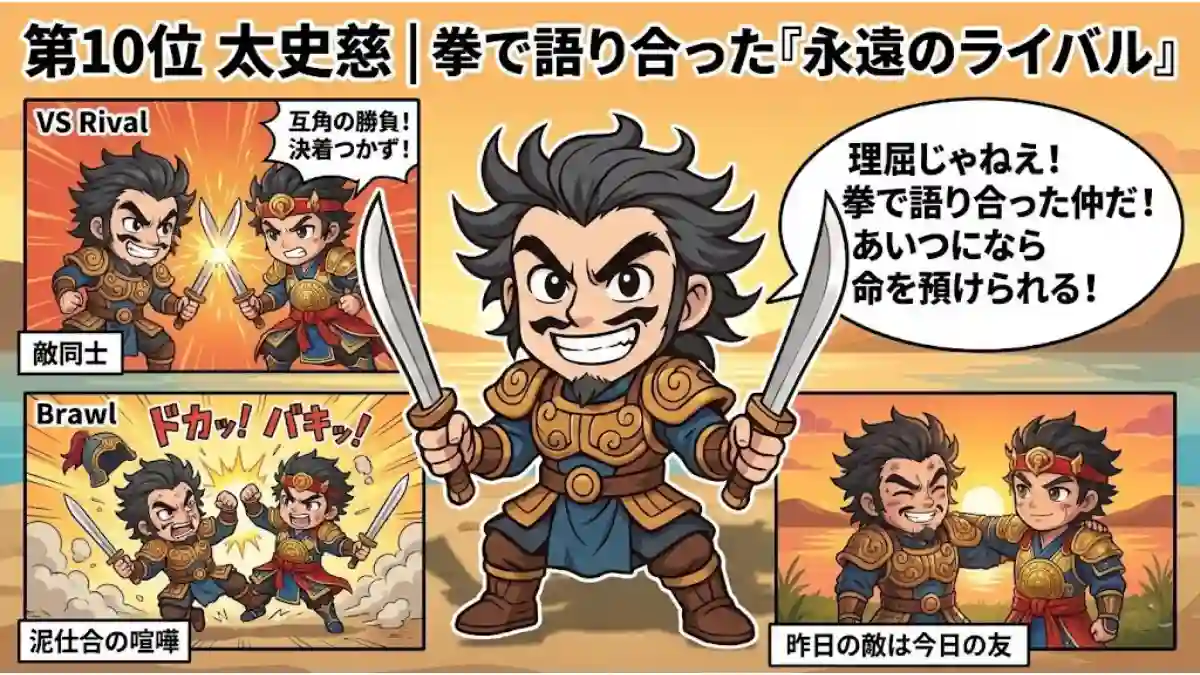 三国志・太史慈の紹介画像。「拳で語り合った永遠のライバル」と題し、孫策との激しい一騎打ちから泥仕合の喧嘩、そして夕焼けの下で肩を組み「昨日の敵は今日の友」となるまでの過程を3コマ漫画風に図解。「理屈じゃねえ!あいつになら命を預けられる!」という太史慈の熱いセリフが添えられている。