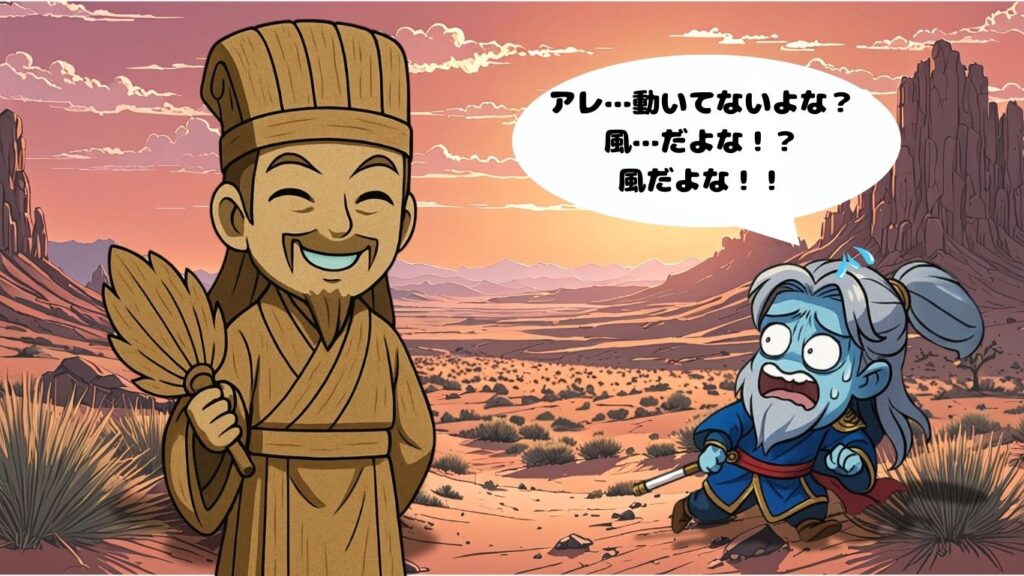 死せる孔明生ける仲達を走らすエピソードで孔明の木造にビビる司馬懿仲達のちびキャラのイラスト
