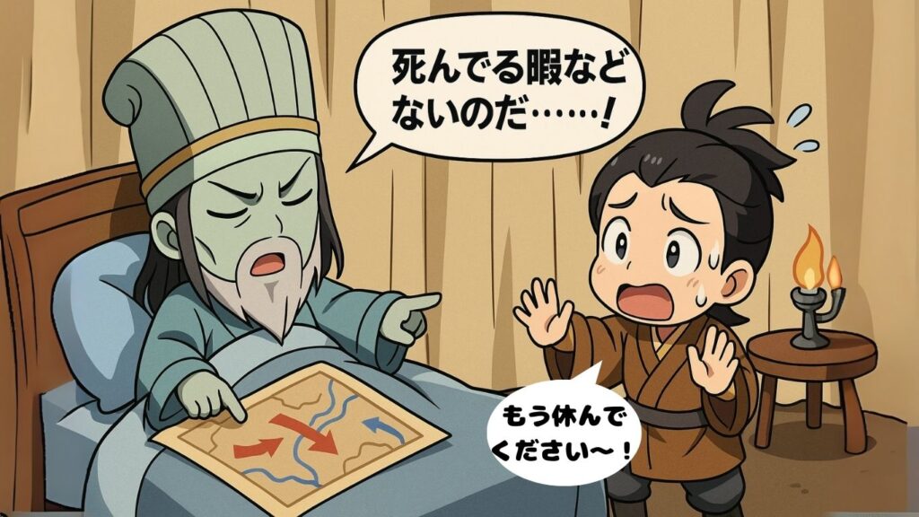 五丈原の戦いを描いた、死せる孔明生ける仲達を走らすエピソードのちびキャライラスト
