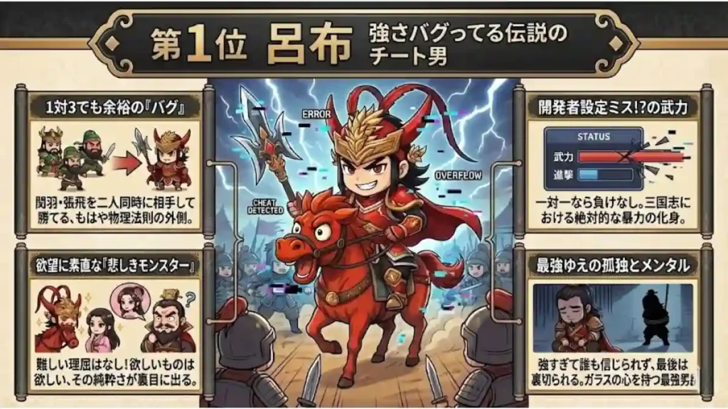 三国志最強の武将・呂布を解説したインフォグラフィック。「強さバグってる伝説のチート男」と題し、赤兎馬に跨る呂布を中心に、「1対3でも余裕の武力」「設定ミス級のステータス」「貂蝉への純粋な欲望」「最強ゆえの孤独」の4つの特徴を、親しみやすいデフォルメイラストと図解で紹介しています