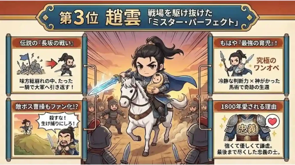 三国志の武将、趙雲を紹介するインフォグラフィック。中央に赤ん坊を抱き白馬で戦場を駆ける趙雲のちびキャラ、上部に「第3位 趙雲」の文字。周囲のパネルでは、長坂の戦いの功績や曹操からの評価、彼の誠実な人柄が、親しみやすいアニメ調のイラストと共に解説されています。