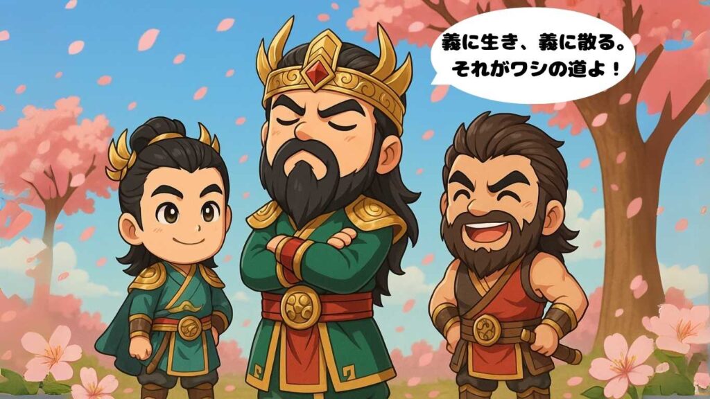 三国志の関羽が天を見上げて立つ感動シーン。劉備と張飛が背後で微笑み見守るちびキャラ風イラスト。桃の花が舞う中、“義”を貫いた関羽の最後を描く三国志の名シーン。