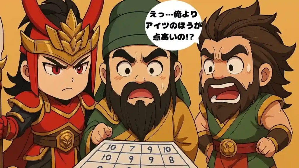 三国志最強武将ランキングのスコア表をながめるちびキャラの呂布、関羽、張飛のイラスト