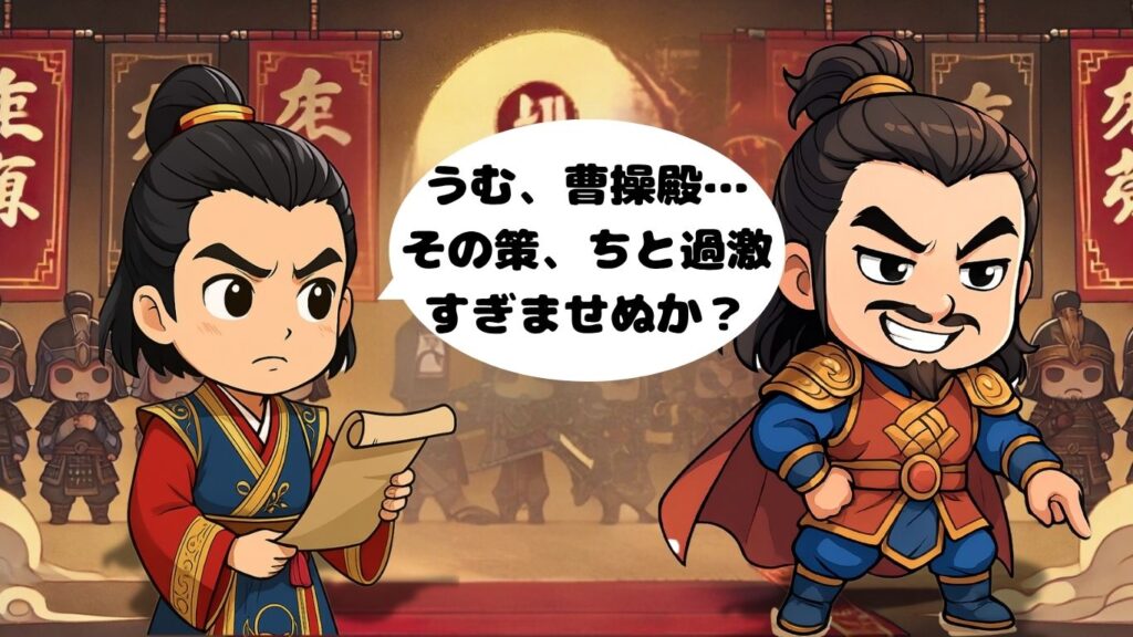 荀彧が曹操を諫めているちびキャラのイラスト