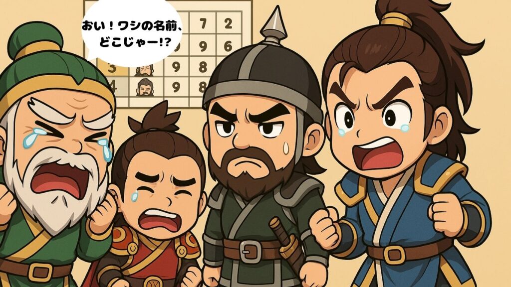 三国志最強武将ランキングのスコア表をながめるランク外のちびキャラたちが泣いているイラスト