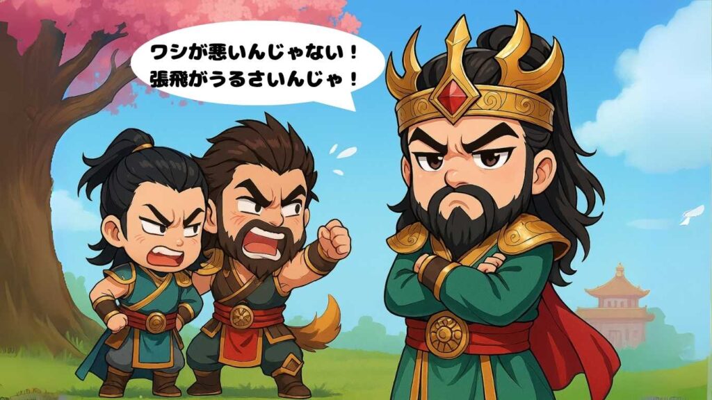 張飛と喧嘩ばかりの関羽のちびキャラのイラスト