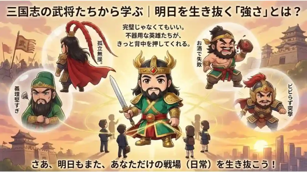 三国志の武将から明日を生き抜く強さを学ぶインフォグラフィック。中央の関羽を囲み、義理堅い関羽、孤立する呂布、酒に溺れる張飛、突撃する張遼がちびキャラで並んでいます。不器用な英雄たちが現代人を励ます「完璧じゃなくてもいい」というメッセージを込めた、温かみのあるアニメ調画像です。