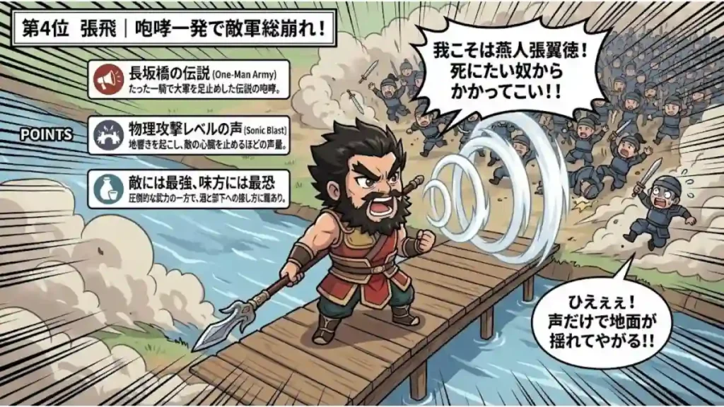 三国志の張飛を「咆哮一発で敵軍総崩れ」と紹介する漫画風インフォグラフィック。長坂橋で大音量の咆哮を放ち、衝撃波で敵軍を圧倒する勇猛なちびキャラの張飛を描写。ランキング4位の順位や、「長坂橋の伝説」「物理攻撃レベルの声」「酒と部下への接し方」といった解説パネルを含む2Dアニメ調の画像。