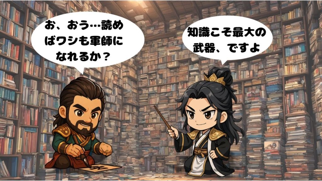 ちびキャラの諸葛亮が張飛に読書をすすめているイラスト