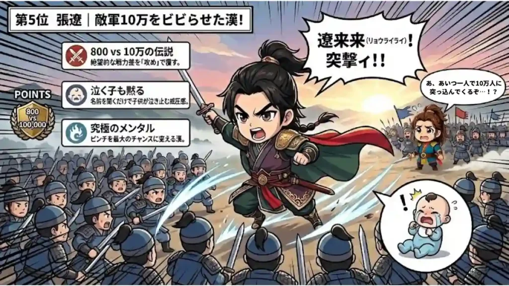 三国志の張遼を「敵軍10万をビビらせた漢」として紹介する漫画風インフォグラフィック。中央に突撃する張遼、右に涙目で逃げ惑う孫権、下に「泣く子も黙る」逸話を示す赤ちゃんのイラストを配置。順位や「究極のメンタル」等の解説パネルを含む、2Dアニメ調の解説画像。
