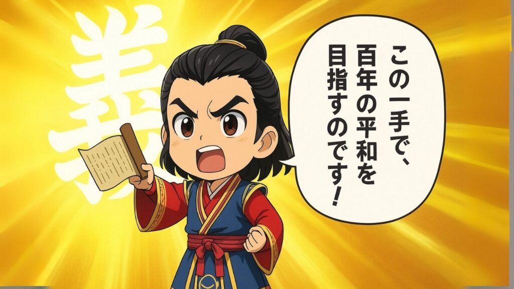 三国志の荀彧が理想を語っているちびキャラのイラスト