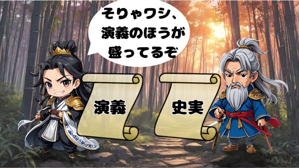 ちびキャラ孔明と司馬懿が向かい合い、「演義」と「史実」の巻物を持っているイラスト。孔明が「演義のほうが盛ってるぞ」と得意げに話す場面。