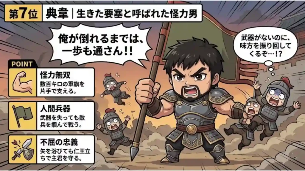 三国志の猛将・典韋の怪力と忠義を伝える漫画風インフォグラフィック。「生きた要塞」の異名通り、巨大な旗を片手で持ち、敵兵を武器として振り回し門を死守する姿が描かれている。見出しは「第7位 典韋」。吹き出しで「一歩も通さん!」と叫び、左側のパネルで「怪力無双」「人間兵器」「不屈の忠義」の逸話を解説している。