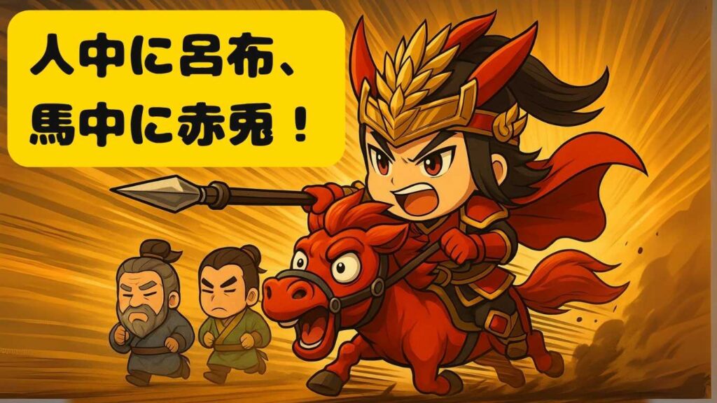 三国志最強武将呂布と最強の名馬赤兎馬のちびキャライラスト、テキストに人中に呂布、馬中に赤兎