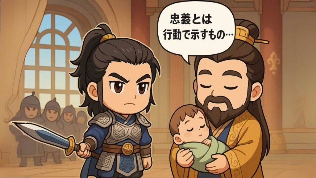 ちびキャラの趙雲が控えている横で、優しく阿斗を抱いている劉備の様子。忠義と優しさを感じさせる、落ち着いた雰囲気のイラスト。