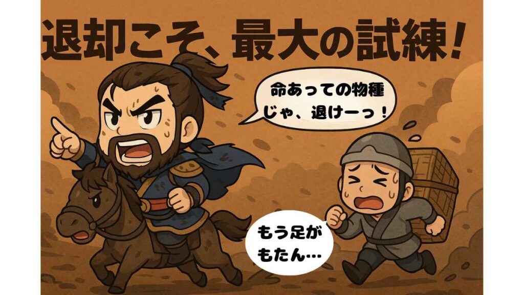 ちびキャラの曹操がボロボロの姿で馬に乗り『命あっての物種じゃ、退けーっ!』と叫び、後ろで兵士が荷物を落としながら『もう足がもたん…』と必死に走る。背景には『退却こそ、最大の試練!』の文字が大きく描かれた2Dアニメ調イラスト。