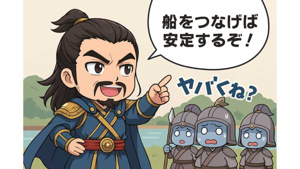 曹操が「船をつなげば安定するぞ!」とドヤ顔し、後ろでちびキャラ兵士たちが「でも燃えたらヤバくないですか?」と青ざめているシーンの漫画風2Dイラスト