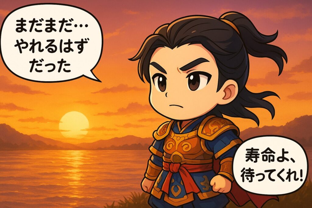 ちびキャラの周瑜が甲冑姿で川辺に立ち、遠くを見つめる。背景は長江の水面と沈む夕日。「まだまだ…やれるはずだった、寿命よ、待ってくれ！と、吹き出しで書いてある