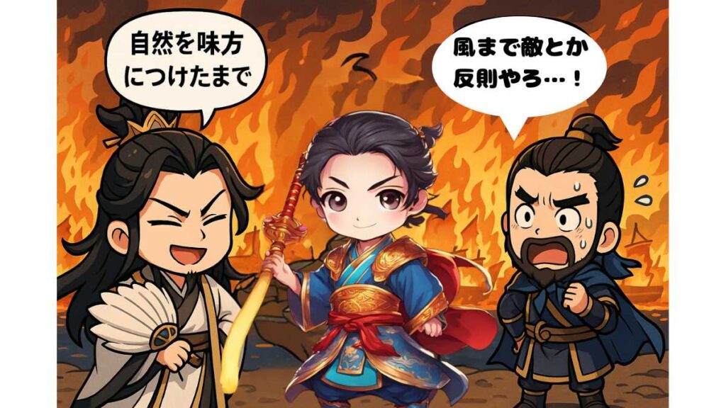 赤壁の戦いで火計が実行され、炎に包まれる艦隊を背に諸葛亮と周瑜がドヤ顔するちびキャライラスト。『自然を味方につけた』と語る諸葛亮と、慌てる曹操が『風まで敵とか反則やろ…!』と叫ぶ場面」