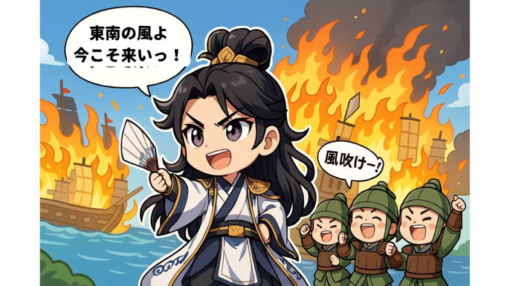 諸葛亮が扇子を広げて空を見上げるイラスト。後ろでは孫権軍のちびキャラ兵士たちが「風吹けー!」と期待している赤壁の戦いの場面。
