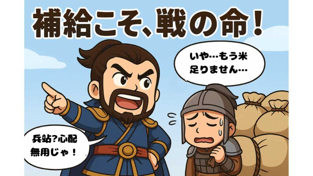 ちびキャラの曹操が胸を張って『兵站?心配無用じゃ!』と叫び、後ろの兵士が汗をかきながら『いや…もう米足りません…』と困っているイラスト。背景には『補給こそ、戦の命!』の文字が描かれている。