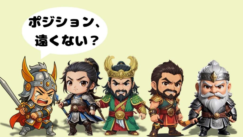 蜀の五虎大将軍（関羽・張飛・趙雲・馬超・黄忠）のちびキャラ集合イラスト。馬超だけ端に配置され、五虎の中でやや影が薄い存在として描かれている。三国志の人気武将・馬超のキャラ性やポジションをユーモラスに表現。
