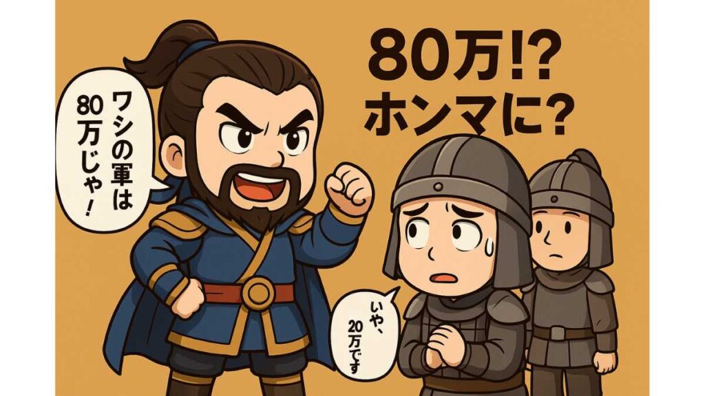 ちびキャラの曹操がドヤ顔で『ワシの軍は80万じゃ!』と宣言し、後ろの兵士が冷や汗をかきながら『いや、20万です』と小声でつぶやくコミカルなイラスト。背景には『80万!?ホンマに?』の文字。