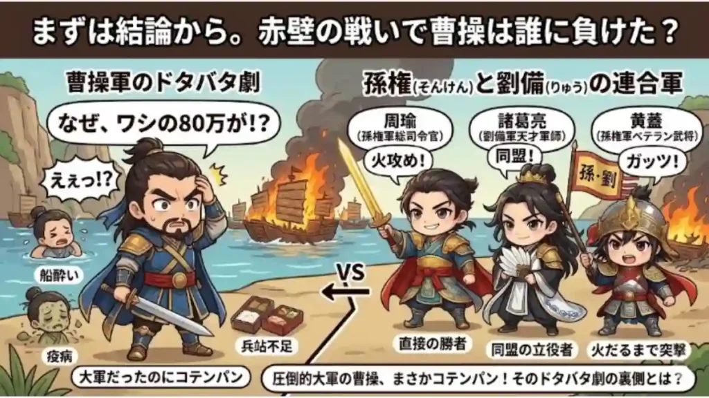 赤壁の戦いで曹操が誰に負けたのかを解説する図解イラスト。左側には船酔いや補給不足で焦る曹操軍、右側には勝利した孫権・劉備連合軍の中心人物である周瑜、諸葛亮、黄蓋がちびキャラで描かれています。背景には炎上する曹操軍の船団がデザインされています。