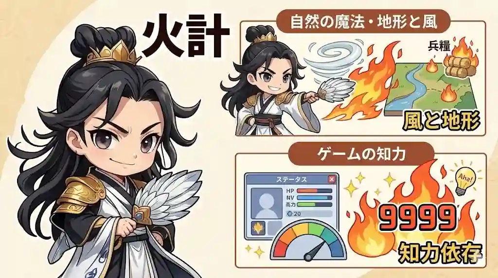 三国志の戦術「火計」の仕組みとゲームでの効果を解説したインフォグラフィック。羽扇を持ったちびキャラの諸葛亮(孔明)を中心に、上段ではマップと炎で「風と地形」を利用する様子を、下段ではステータス画面と9999のダメージ表記で「知力依存」の強力さをポップに図解しています。