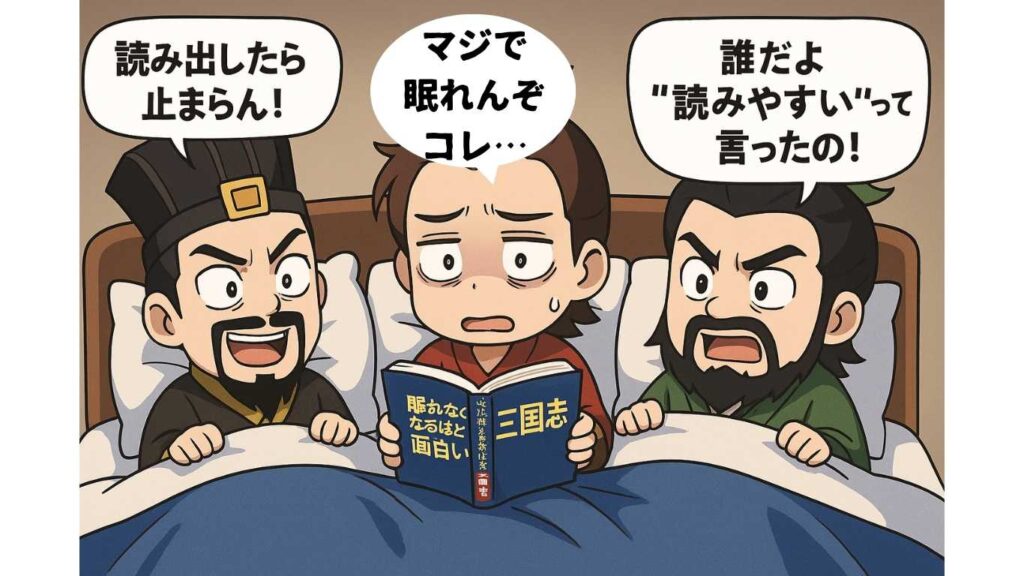 『眠れなくなるほど面白い三国志』を夢中で読むちびキャラの曹操・孫権・劉備が眠れなくなっているシーン。三国志初心者にもおすすめの爆笑イラスト
