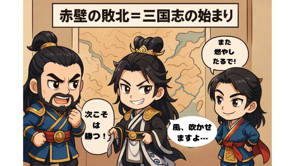 ちびキャラの曹操が地図を前に『次こそはか勝つ!』と鼻息を荒くする。横でちびキャラの諸葛亮と周瑜が『また燃やしたるで』とニヤリと笑っている。背景には『赤壁の敗北=三国志の始まり』の文字が描かれた2Dアニメ調イラスト。