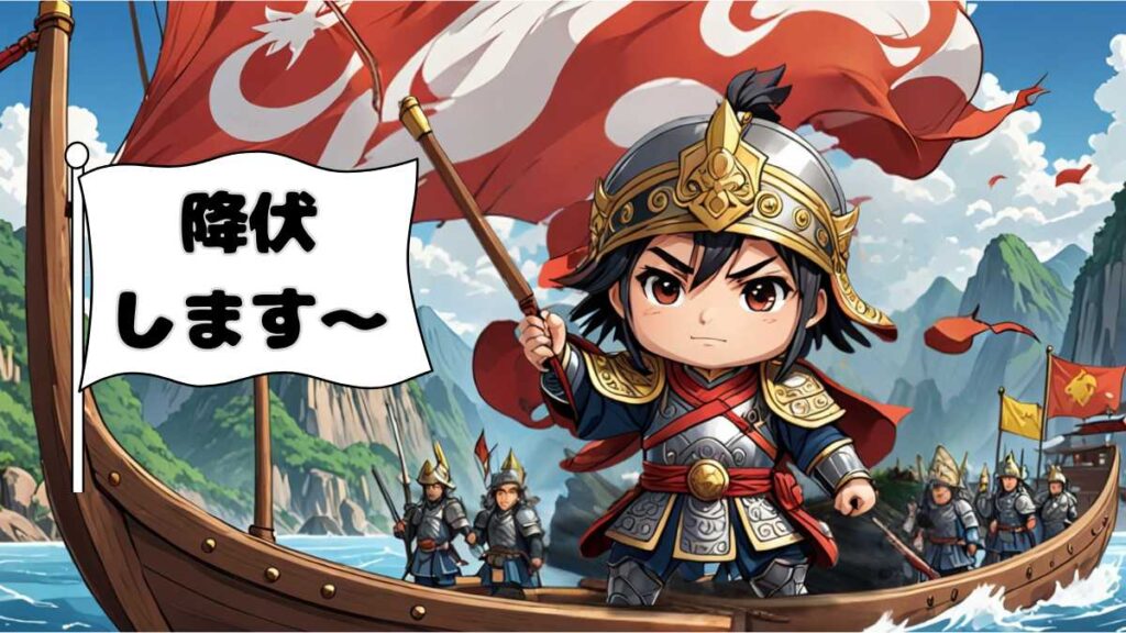 赤壁の戦いで偽降伏を演じる黄蓋のちびキャライラスト。鎧姿で白旗を掲げ、策士らしくニヤリと笑う2Dアニメ調の場面。