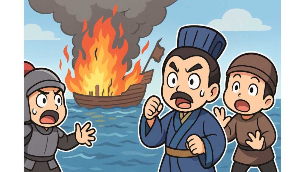 赤壁の戦いで曹操軍の船が火計により炎上する場面を描いたイラスト。川辺で驚く兵士たちがちびキャラ風に描かれている