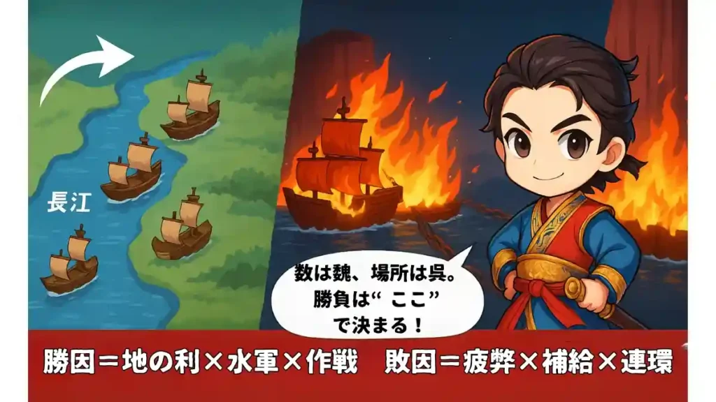 赤壁の戦いの勝因と敗因を示すちびキャライラスト。左は長江マップと呉の艦隊、右は鎖でつながった魏軍の艦が炎上。周瑜が「数は魏、場所は呉。勝負はここで決まる！」と指示している場面。
