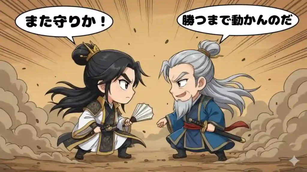 漫画風のちびキャラになった諸葛亮（しょかつりょう）と司馬懿（しばい）が、砂埃が舞う中、互いににらみ合っているイラスト。諸葛亮の吹き出しには「また守りか！」、司馬懿の吹き出しには「勝つまで動かんのだ」というセリフが書かれている。