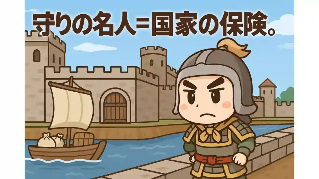 ちびキャラ風に描かれた三国志の防御シーン。大きな城塞と堀の前に、物資を運ぶ補給船。中央には鉄壁の守備を象徴するキャラが立ち、堅実な守備体制を示している2Dアニメ調イラスト。
