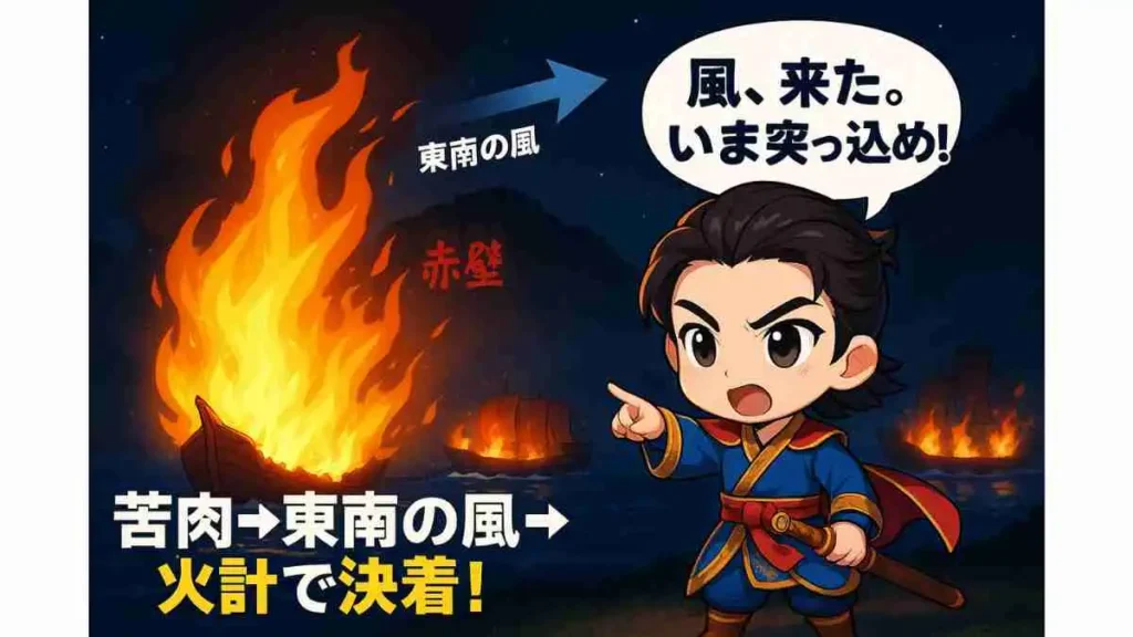 赤壁の戦いの火計を描いたちびキャラ図。夜の長江で火船が突入し、赤い断崖「赤壁」と東南の風の矢印。周瑜が「風、来た。いま突っ込め！」と指示。
