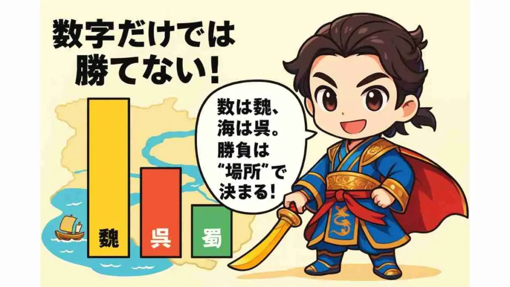 赤壁の戦いの戦力比較を描いたちびキャラ図。長江マップ上に魏(大)・呉(中)・蜀(小)の棒グラフ、周瑜が「数は魏、海は呉。勝負は場所で決まる！」と解説。
