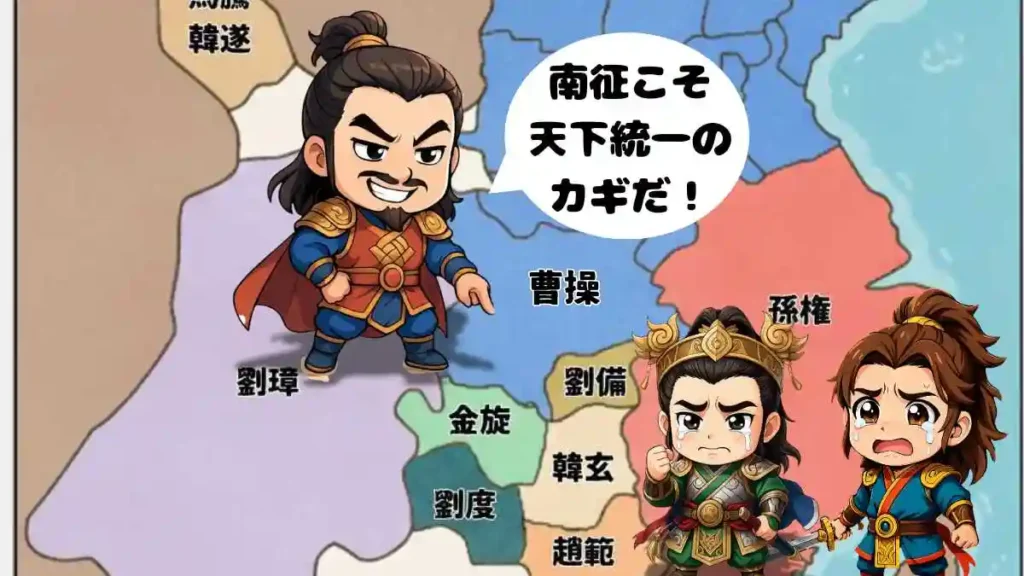 赤壁の戦いの経緯を描いたちびキャライラスト。地図の荊州を背景に、曹操が指を差し「南征こそ天下統一のカギだ！」と叫び、孫権は泣き顔、劉備も涙をためた表情を見せている場面。
