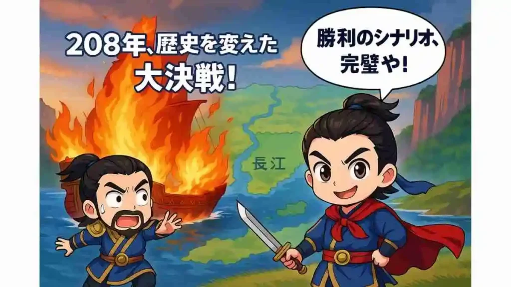 赤壁の戦いを描いたちびキャライラスト。長江の地図を背景に、周瑜がドヤ顔で「勝利のシナリオ、完璧や！」と指揮し、曹操が火船から逃げ惑う様子。208年の歴史を変えた大決戦をコミカルに表現。
