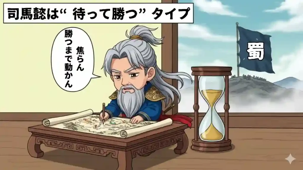 漫画風のちびキャラになった司馬懿（しばい）が、机の上の地図をじっと見つめているイラスト。「司馬懿は“待って勝つ”タイプ」という見出しと、「焦らん、勝つまで動かん。」という吹き出しが付いている。司馬懿の横には砂時計が置かれ、遠くの山には諸葛亮の「軍」旗が立っている。  