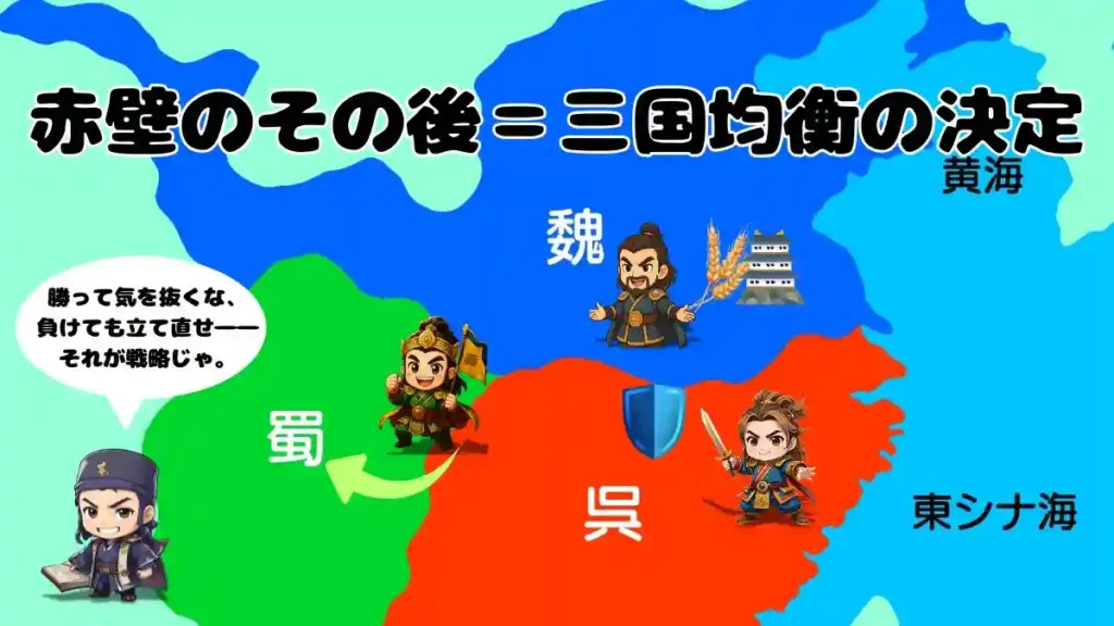 赤壁の戦いのその後を描いたちびキャライラスト。三国の地図の上で、劉備は南西の益州へ矢印、孫権は長江沿いに盾アイコン、曹操は北方に城と麦で再建を示す。賈詡が「勝って気を抜くな、負けても立て直せ――それが戦略じゃ」と吹き出しで語る場面。

