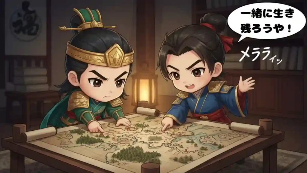 三国志の劉備と魯粛（ちびキャラ）が、卓上の大きな地図を指差しながら真剣な表情で話している場面。劉備は緑の衣装、魯粛は青の衣装。魯粛のセリフとして吹き出しに『一緒に生き残ろうや！』と書かれており、その横に『メララィッ』と効果音が添えられている。漫画・アニメ風の2Dイラスト。