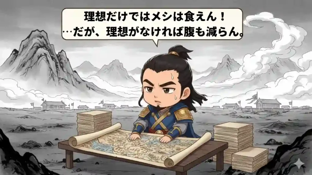 漫画風のちびキャラで描かれた曹操が、難しい表情で軍議をしている様子。鎧姿で座り、腕を組みながら真剣な顔つきをしている。背景は水墨画のように荒涼とした大地が広がる。頭上の吹き出しには「理想だけではメシは食えん!…だが、理想がなければ腹も減らん。」というセリフが書かれている。2Dアニメ調のイラスト。画像サイズは1200x675。